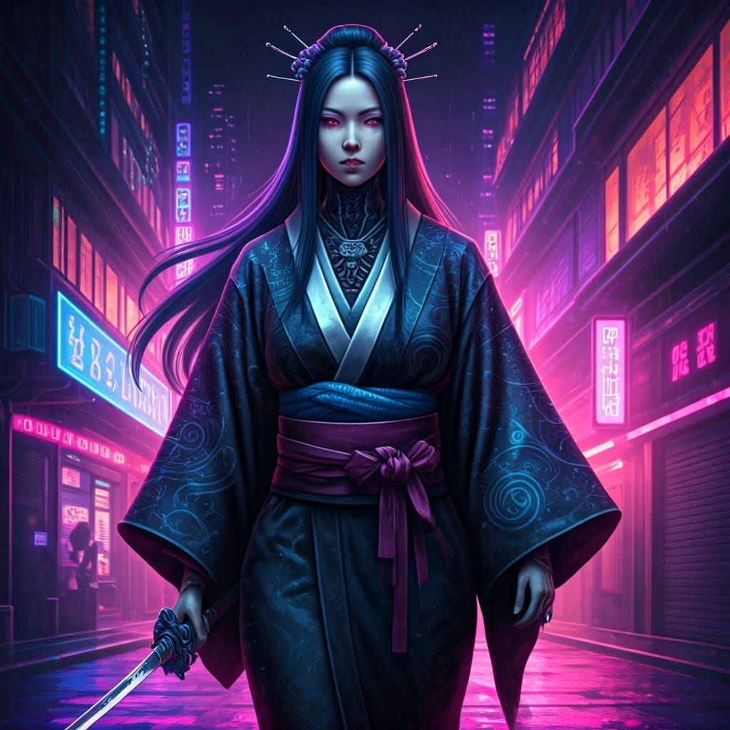 Cyberpunk Ronin Strolls Through Neon Cityscape