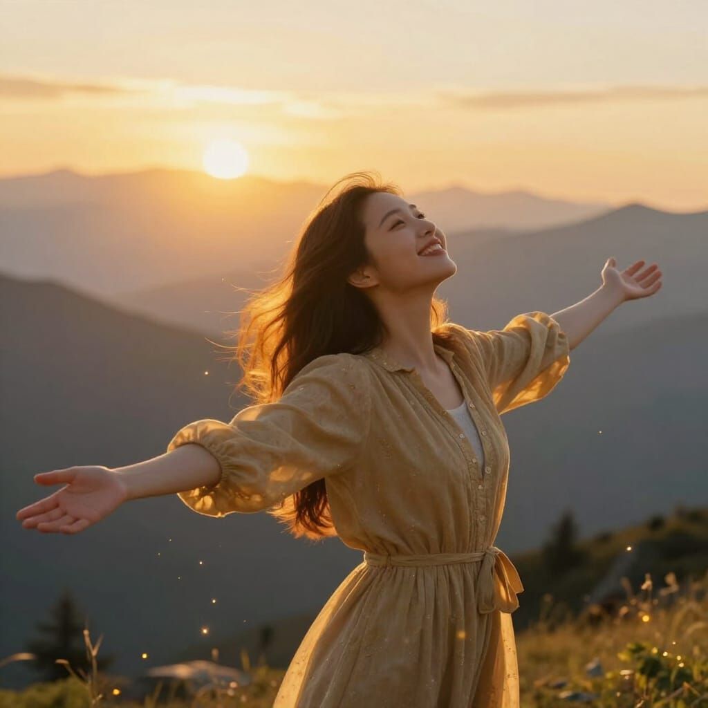 Hopeful Woman Embraces Dawn Over Mountains