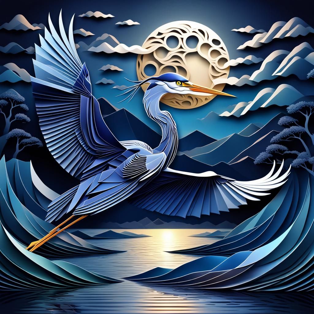 Japanese Heron in Kirigami Style Under Full Moon
