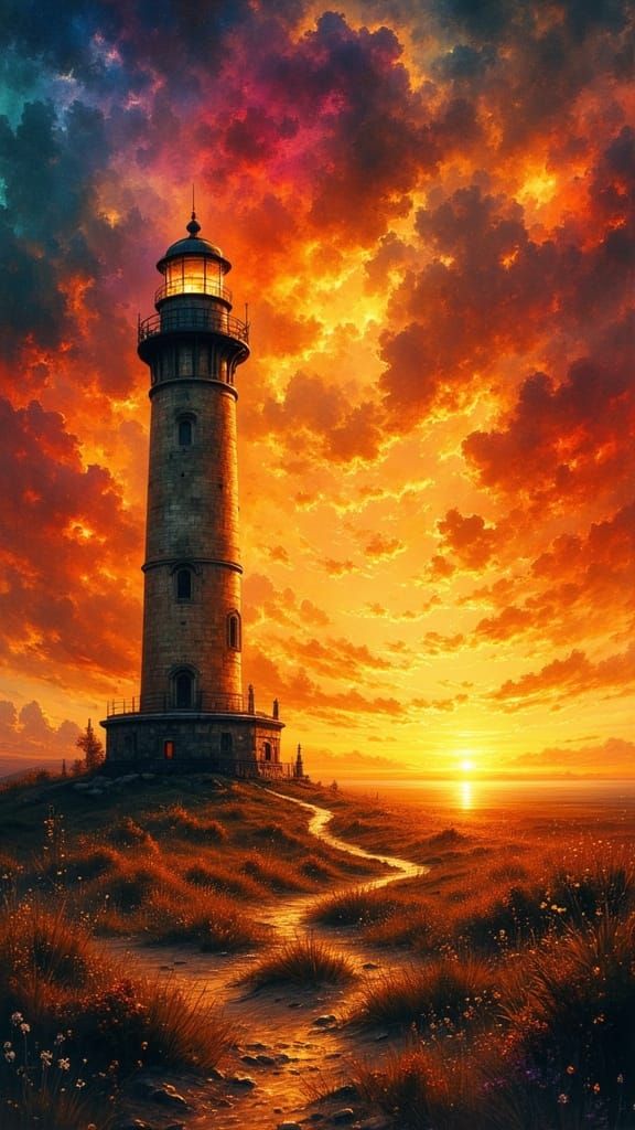 Dramatic Lighthouse at Sunset in Baroque Style