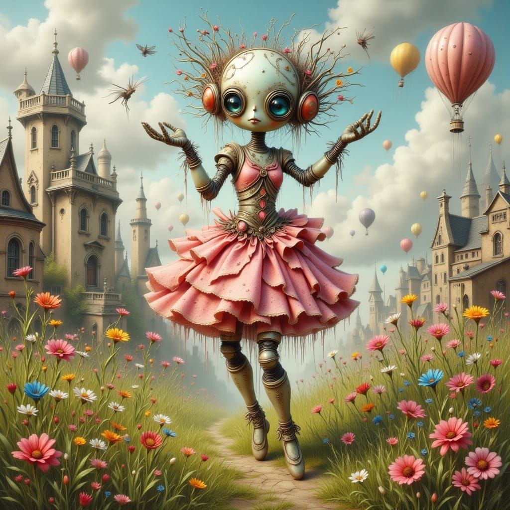 Steampunk Robot Ballerina in Surreal Landscape