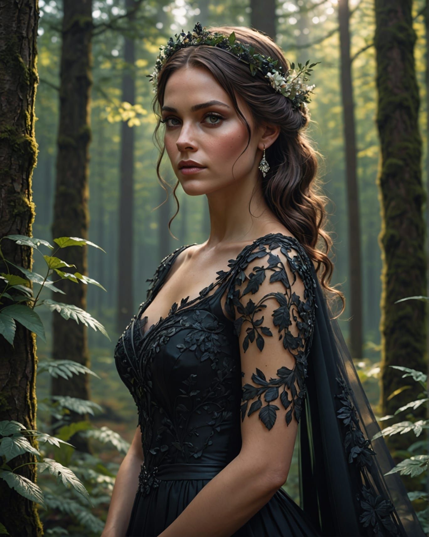 Dramatic Forest Bride in Black Dress, Detailed Portrait