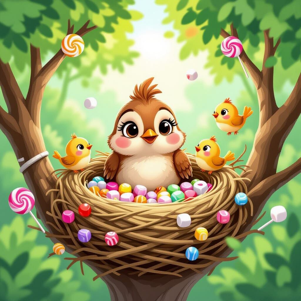 Whimsical Bird's Return to Nest with Candy