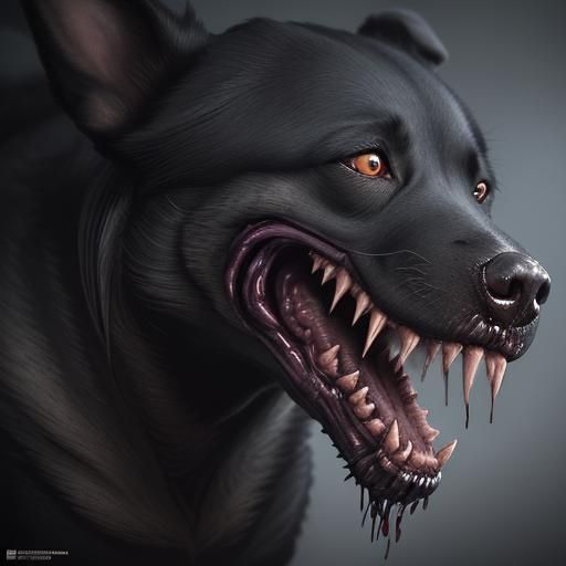 Menacing Black Dog with Sharp Teeth, Digital Painting
