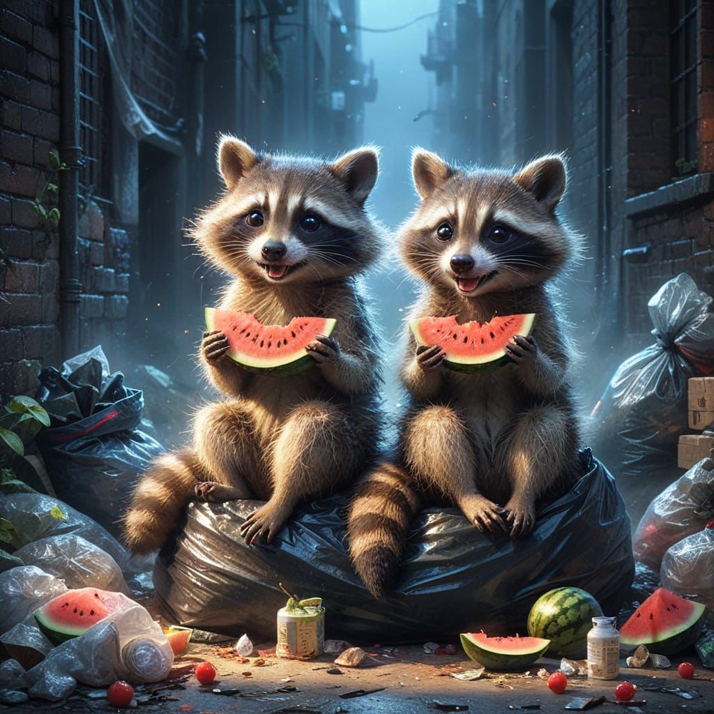 Two Raccoons Enjoying Watermelon in Dark Alley