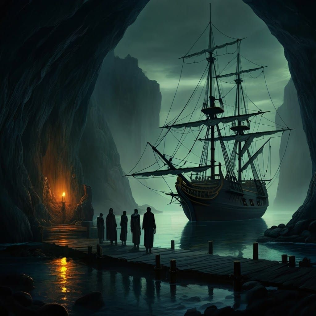 Eerie Cave Dock Scene in Impressionistic Style