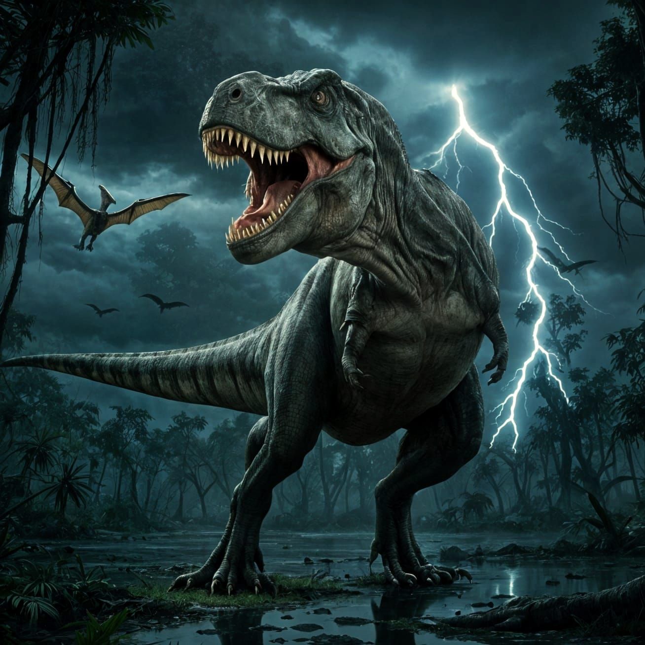 Scary Tyrannosaurus Rex in Dark Jungle Swamp