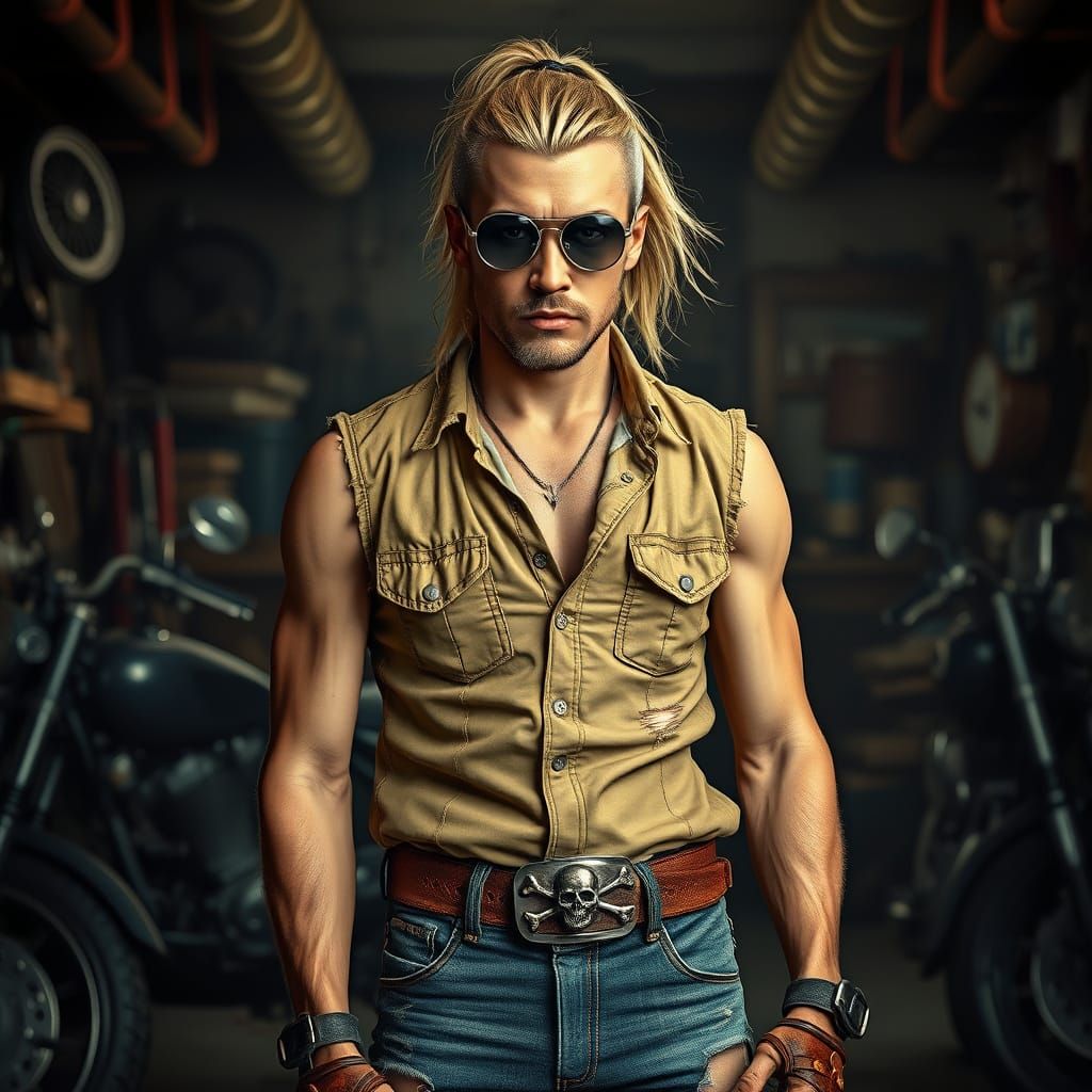 Rugged Punk Biker in Gritty Garage