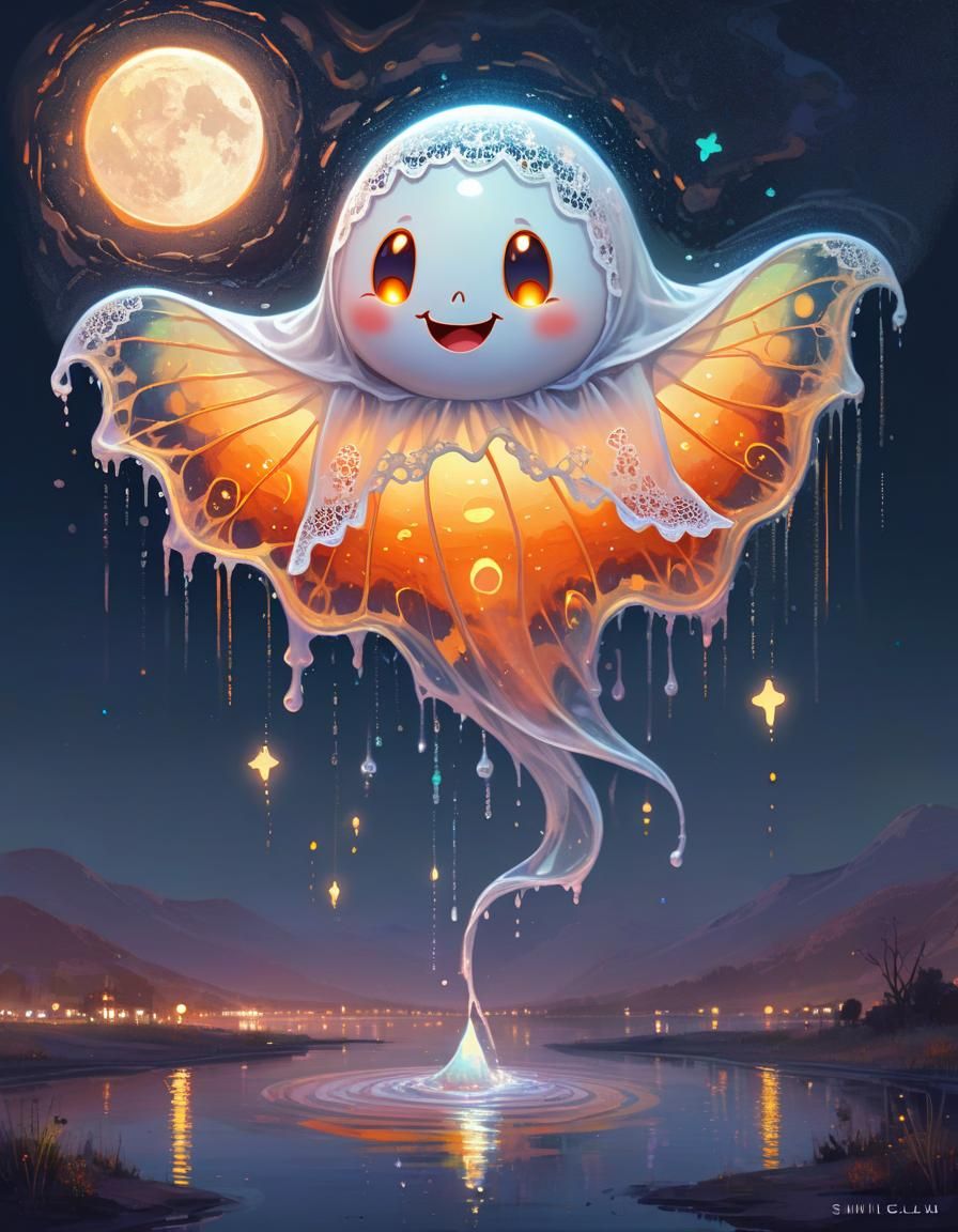 Smiling Ghost Moonmoth over Lake of Fluid