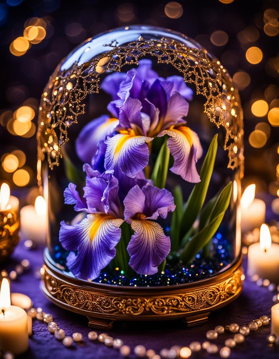 Iris in Snowglobe with Stars: Hyperrealistic Photography