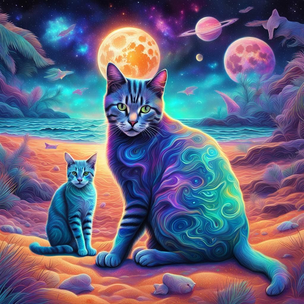 Cosmic Cats Enjoying a Beach Vacation