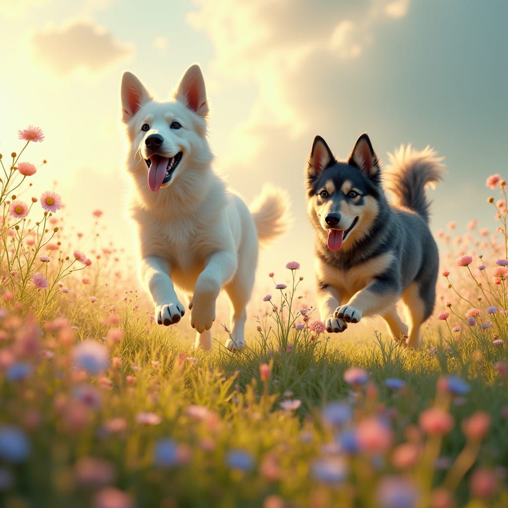 Vibrant Wildflowers and Joyful Canine Friends in a Dreamy Me...