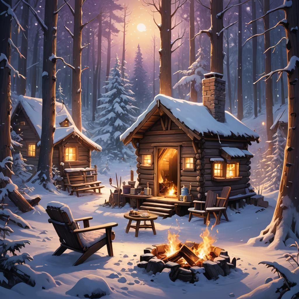 Cozy Marshmallow Roast in Snowy Forest, Art Nouveau
