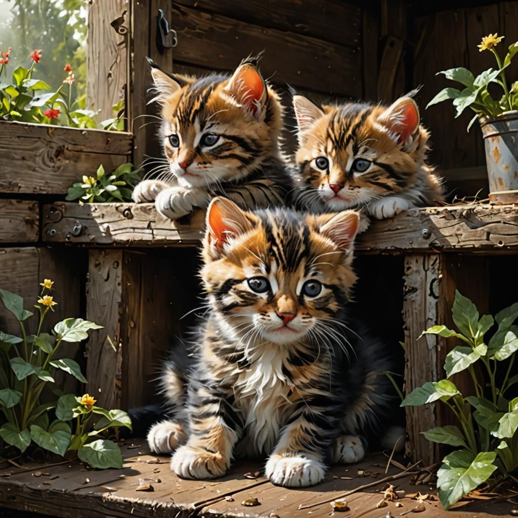 Sleeping Kittens Portrait in Rustic Garden Shed