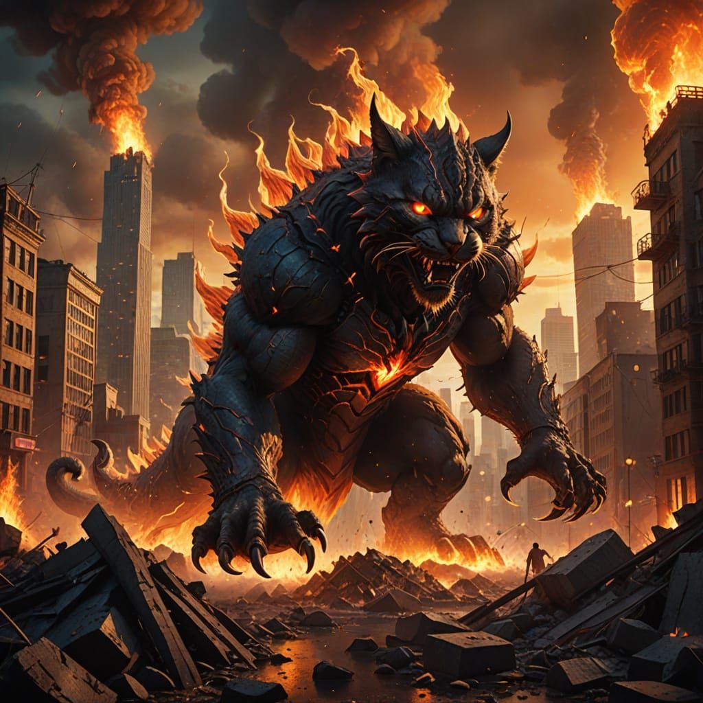 Giant Cat Monster Unleashes Chaos on a Ruined Cityscape