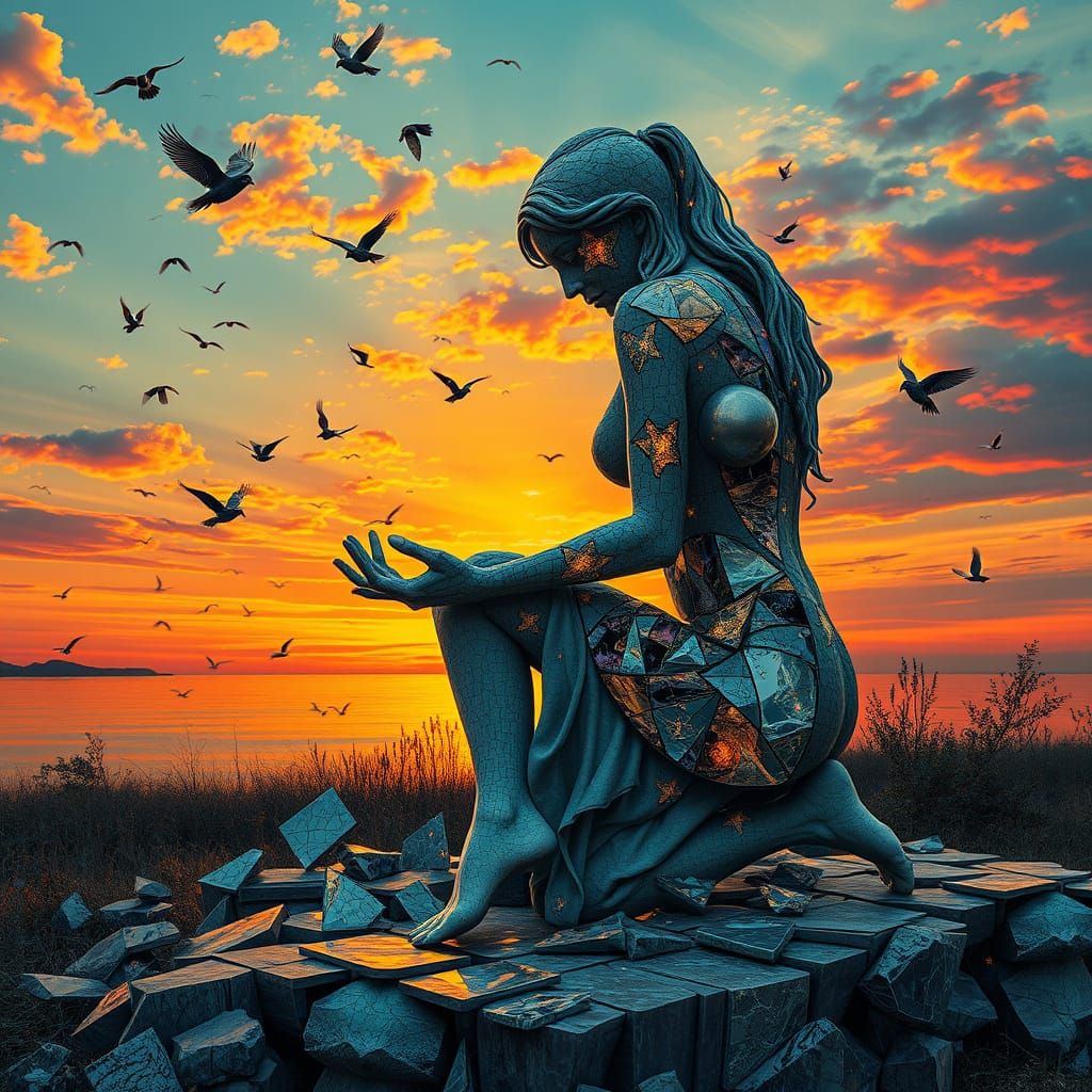 Ethereal Surrealist Artwork of a Woman by a Glowing Sunset