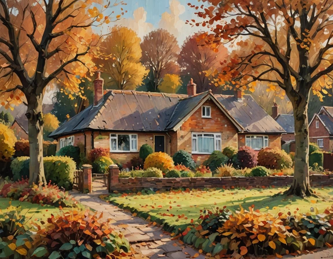 Autumn Village Bungalow in Impressionist Style
