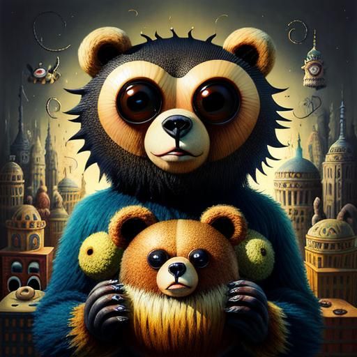 Surreal Cartoon Bear Illustration in Urban Setting