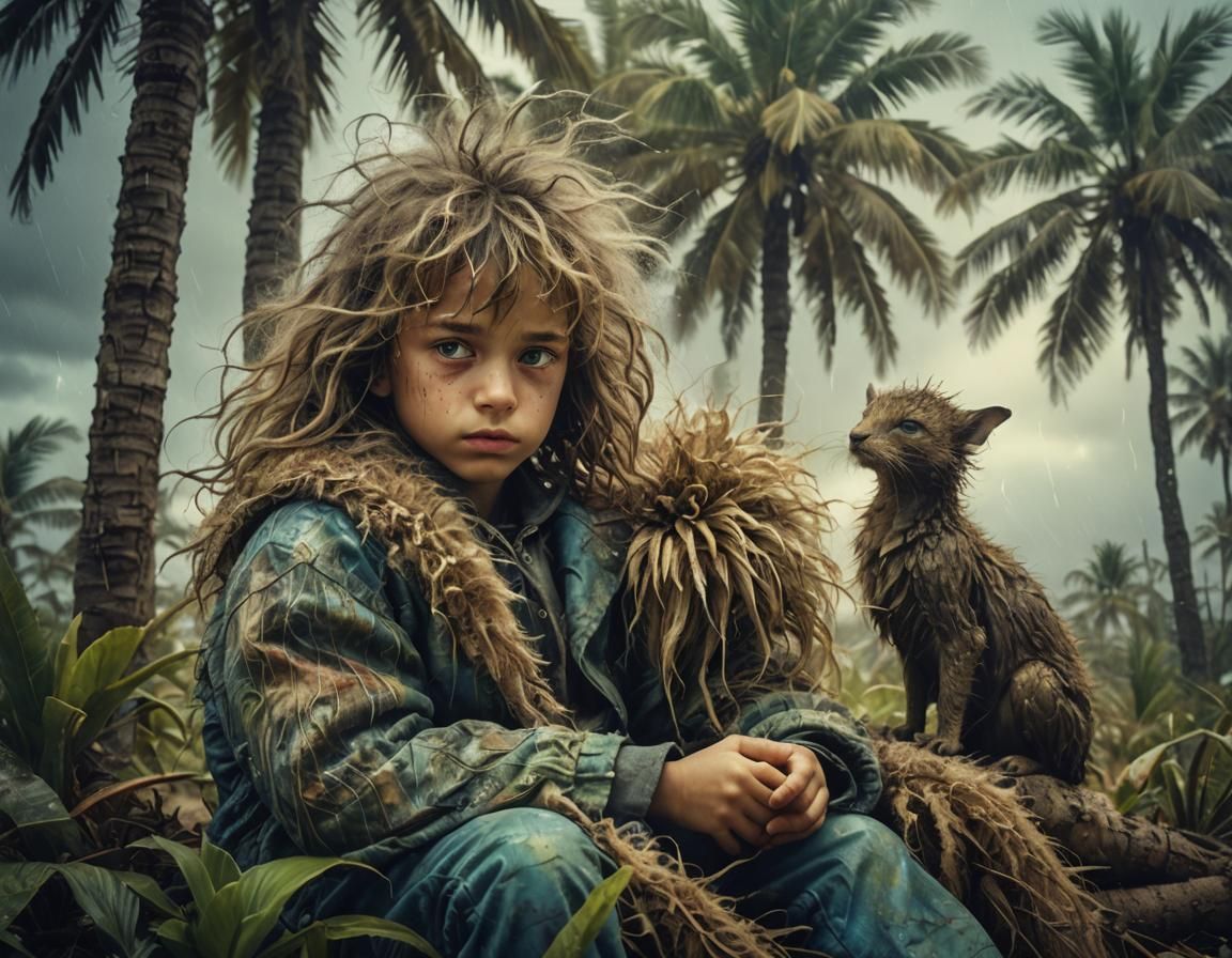 Surreal Dreamscape: Child, Animal, and Stormy Palms