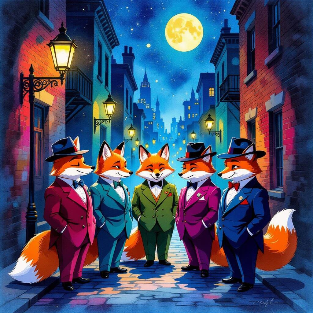 Anthropomorphic Gangster Foxes in Moonlit Alley, Watercolor ...