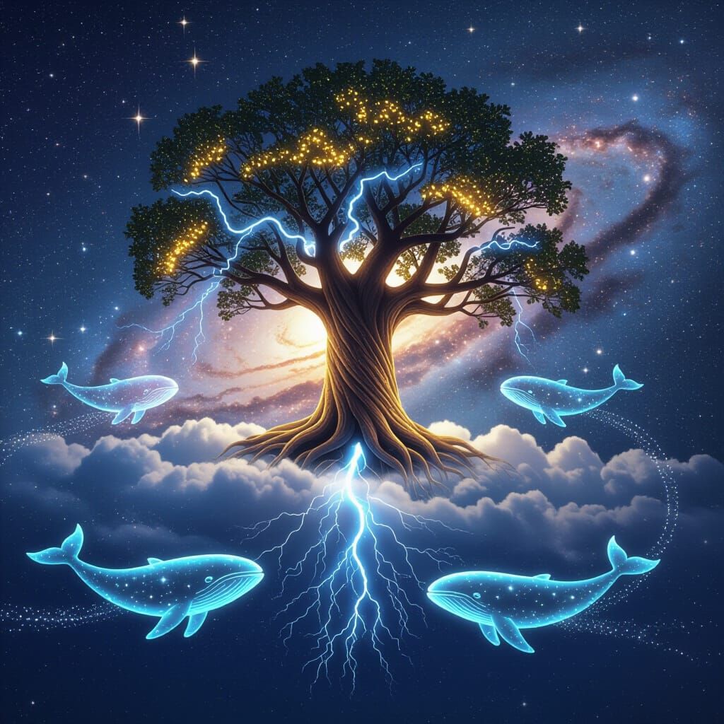 Celestial Tree with Whales in Galaxy