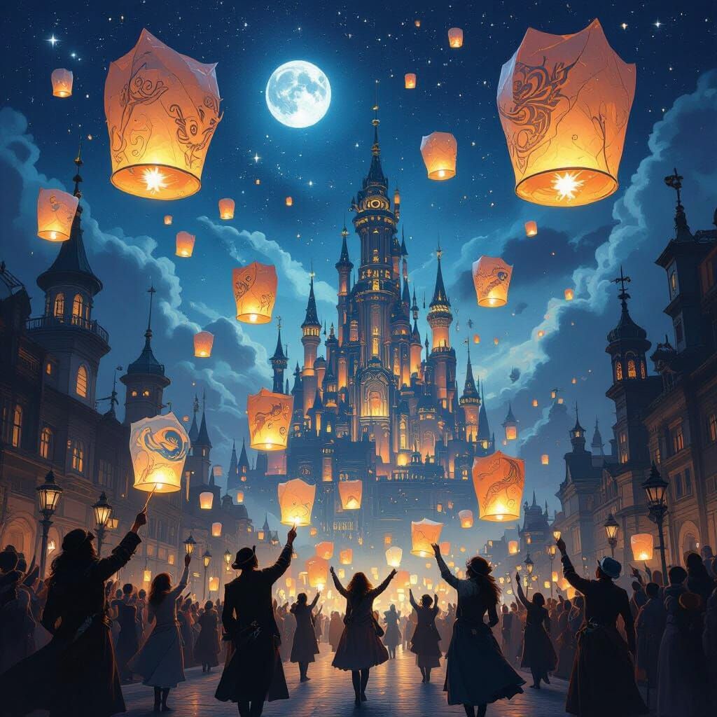 Fantastical Lantern Parade Over Steampunk City