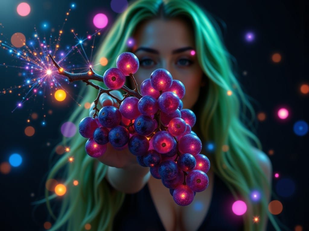 Glow-in-the-Dark Grapes Before Woman with Green Hair
