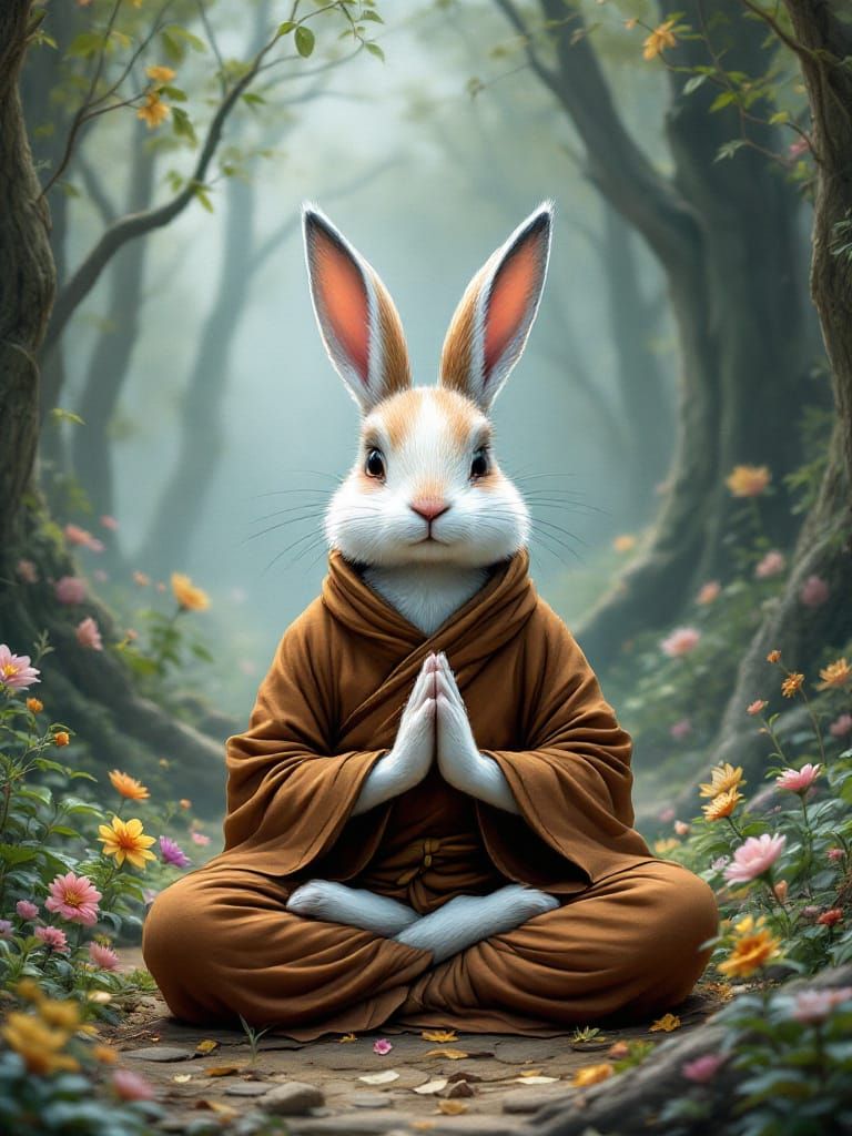 Meditating Rabbit in Magical Forest