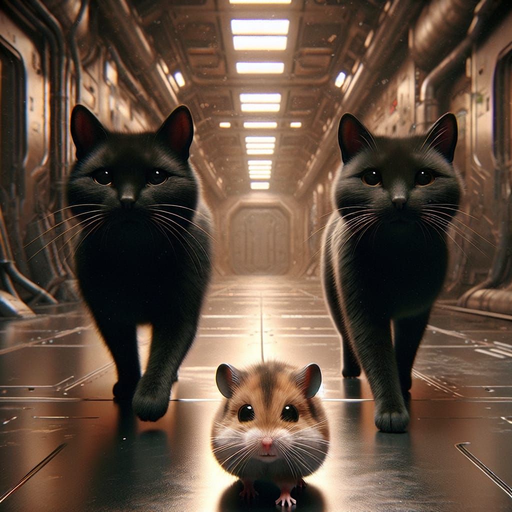 Black Cats and Rodent in Abandoned Space Station