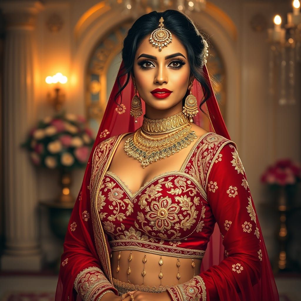 Indian Bride in Luxurious Red Lehenga with Gold Embroidery