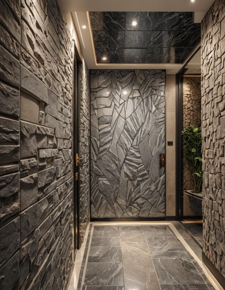 Modern Entrance with Stone Ceramic and Glass Door