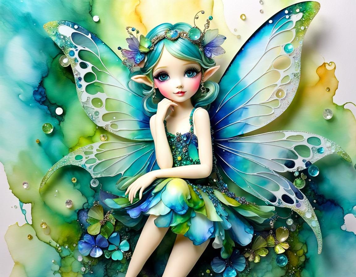 Whimsical Quartz Fairy with Expressive Eyes, Alcohol Ink Acr...