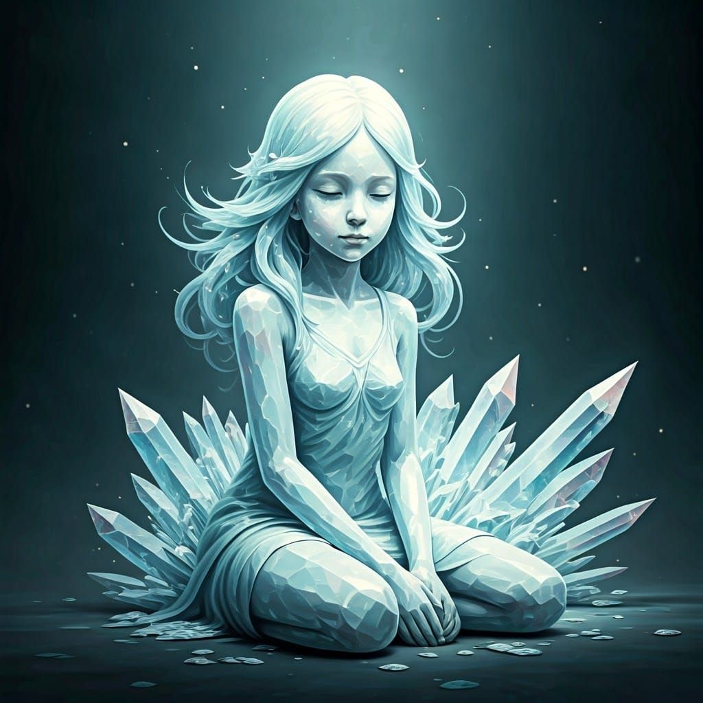 Ethereal Crystal Statue in Whimsical, Dreamlike Landscape