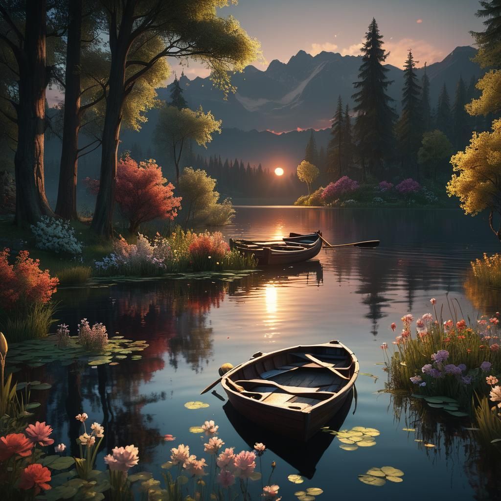 Sunset Lake with Rowboat: Detailed Matte Painting