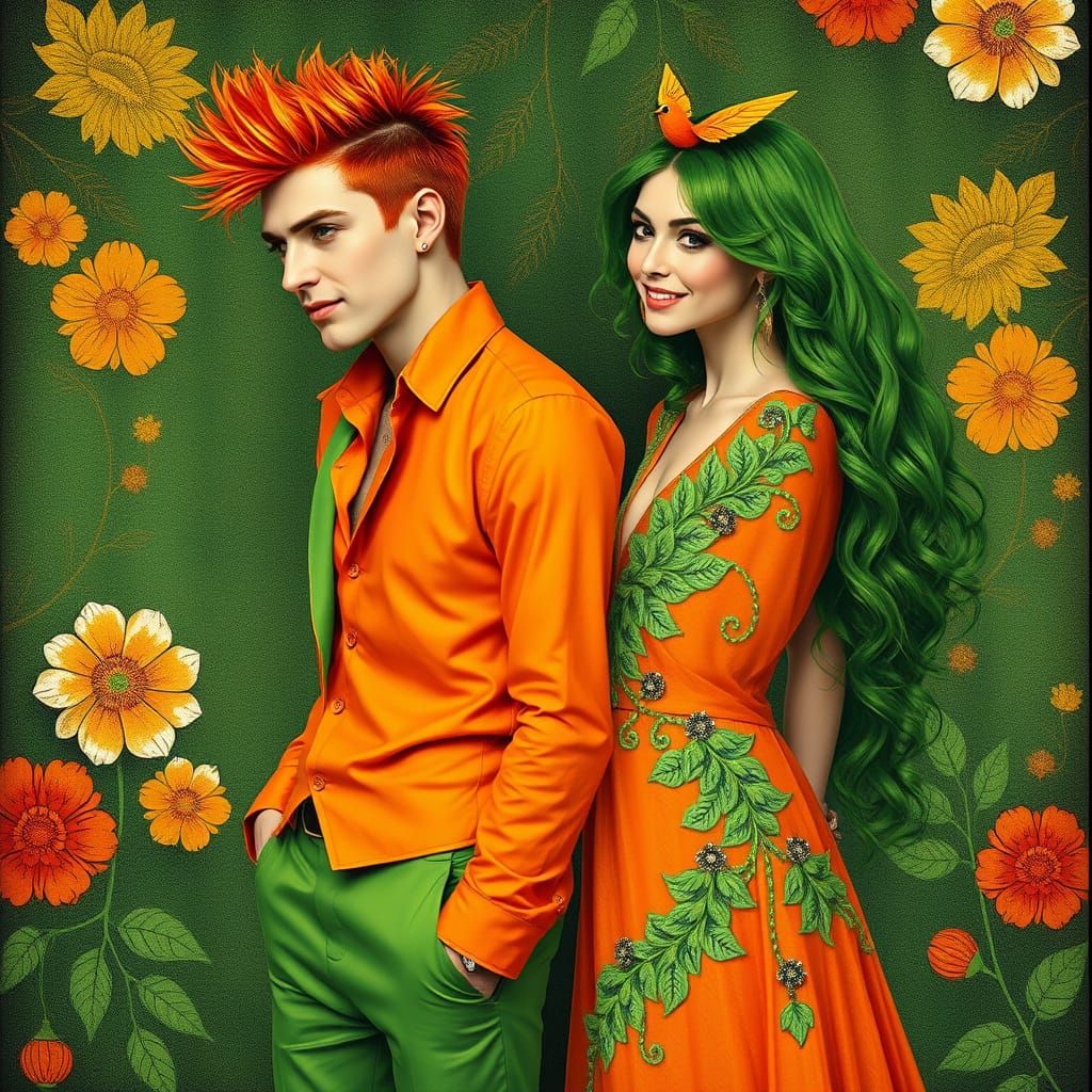 Elegant Punk Gentleman with Orange Hair and Chic Green Dress...