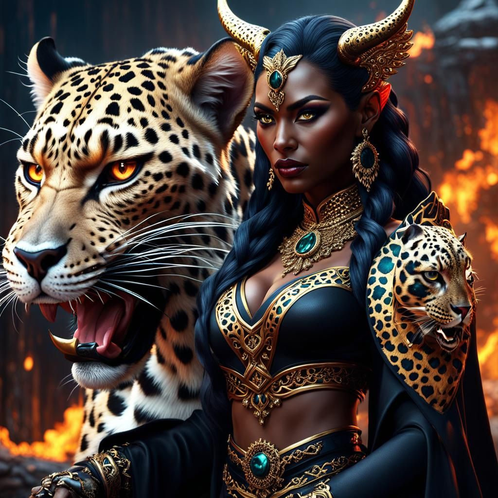 Demoness Ose with Leopard: Fantasy Concept Art