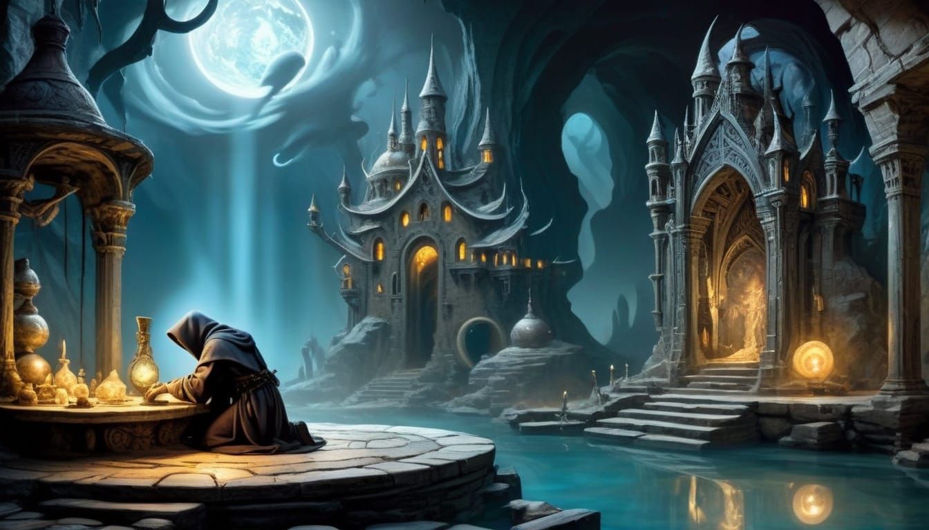 Mystical Alchemist in Ethereal Lab, Oil Painting Style