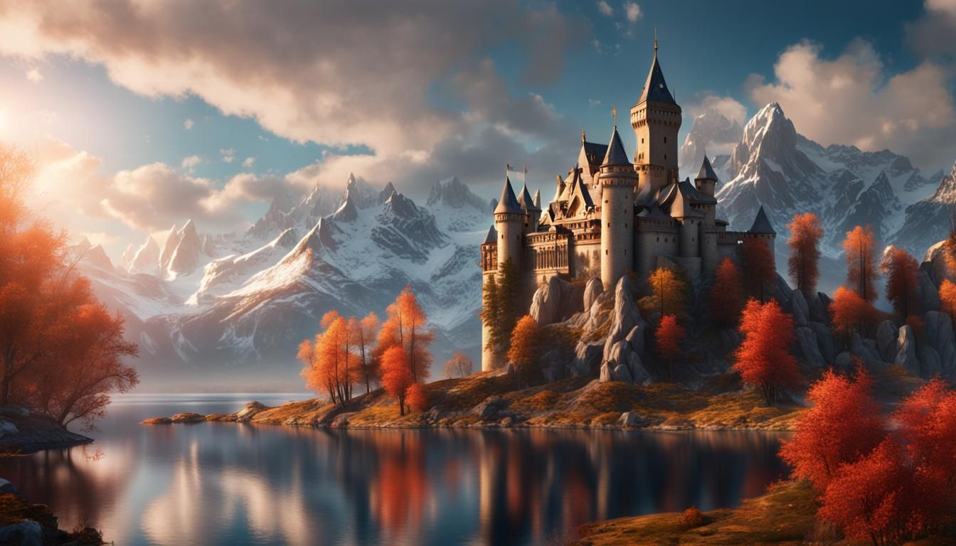 Romantic Castle by Lake: Detailed Matte Painting