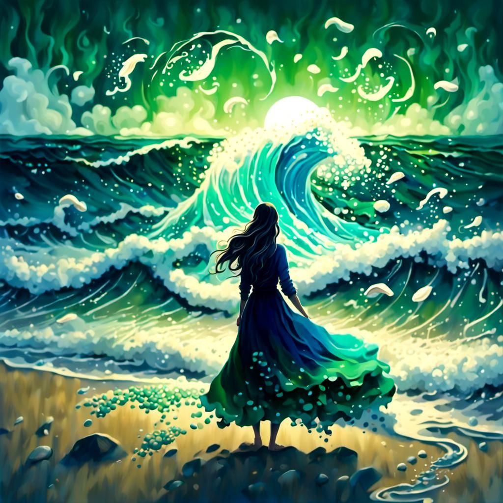 Night Wave Crashing on Sandy Shore