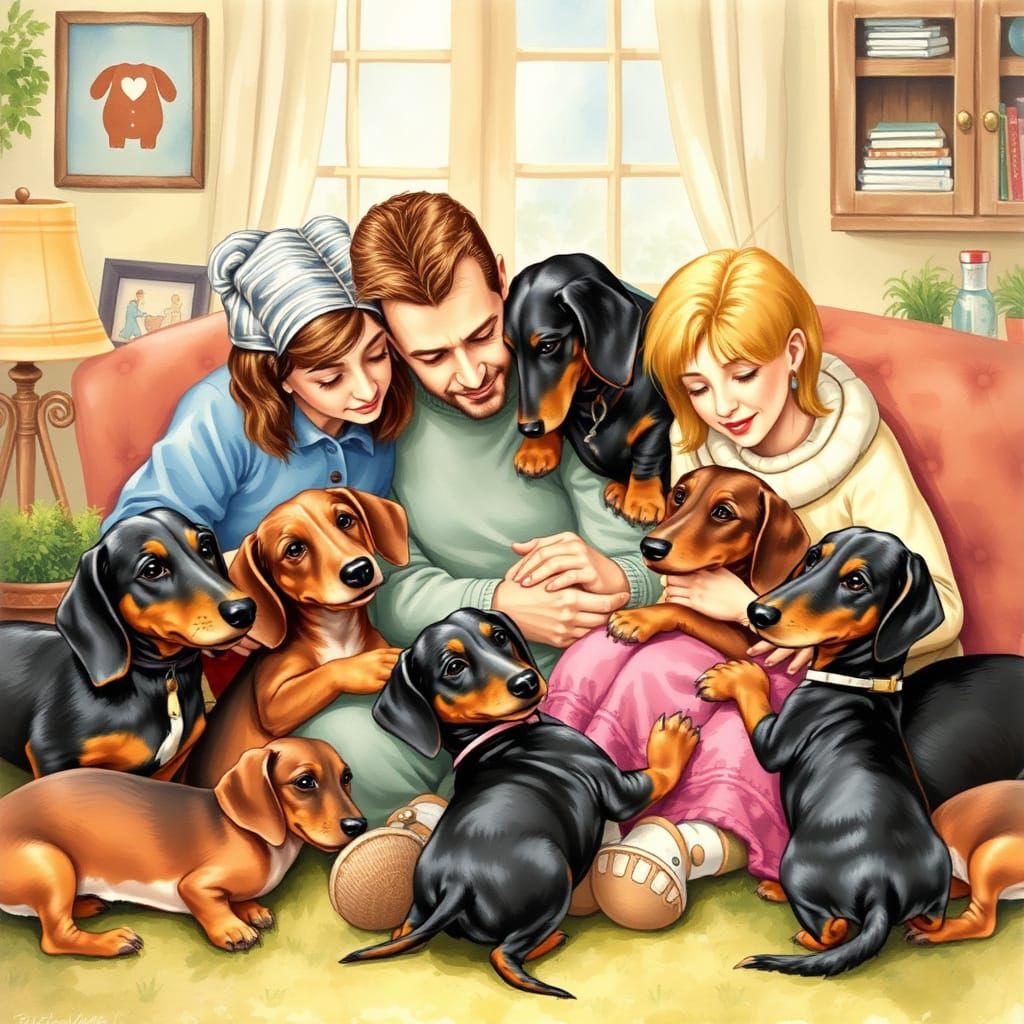 Dachshunds with Loving Families in Watercolor Style