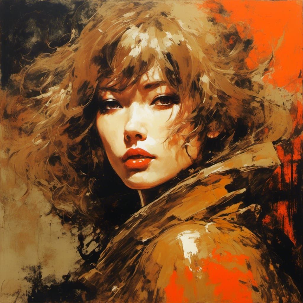 Dramatic Female Portrait in Sumi-e Ink Style