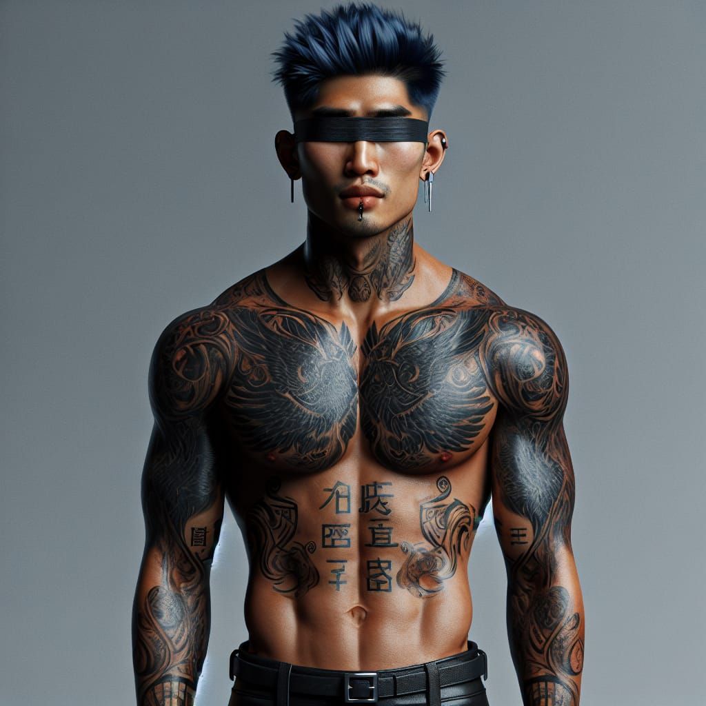 Intense Blue-Haired Man with Tattoos Portrait
