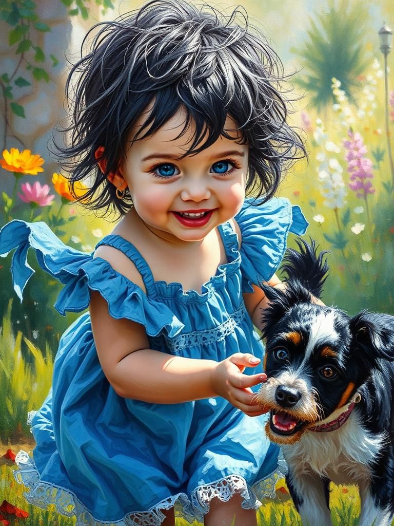 Child in Sunlit Garden: Oil on Canvas