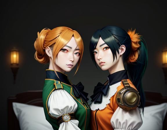 Anime Kemono Twins Kissing in Steampunk Setting