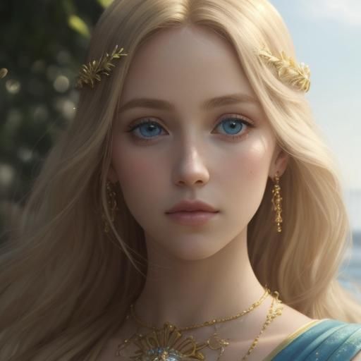 Aphrodite the goddess has Ethereal beauty Long blonde hair, very Beautiful light ocean blue eyes and flawless futures an...