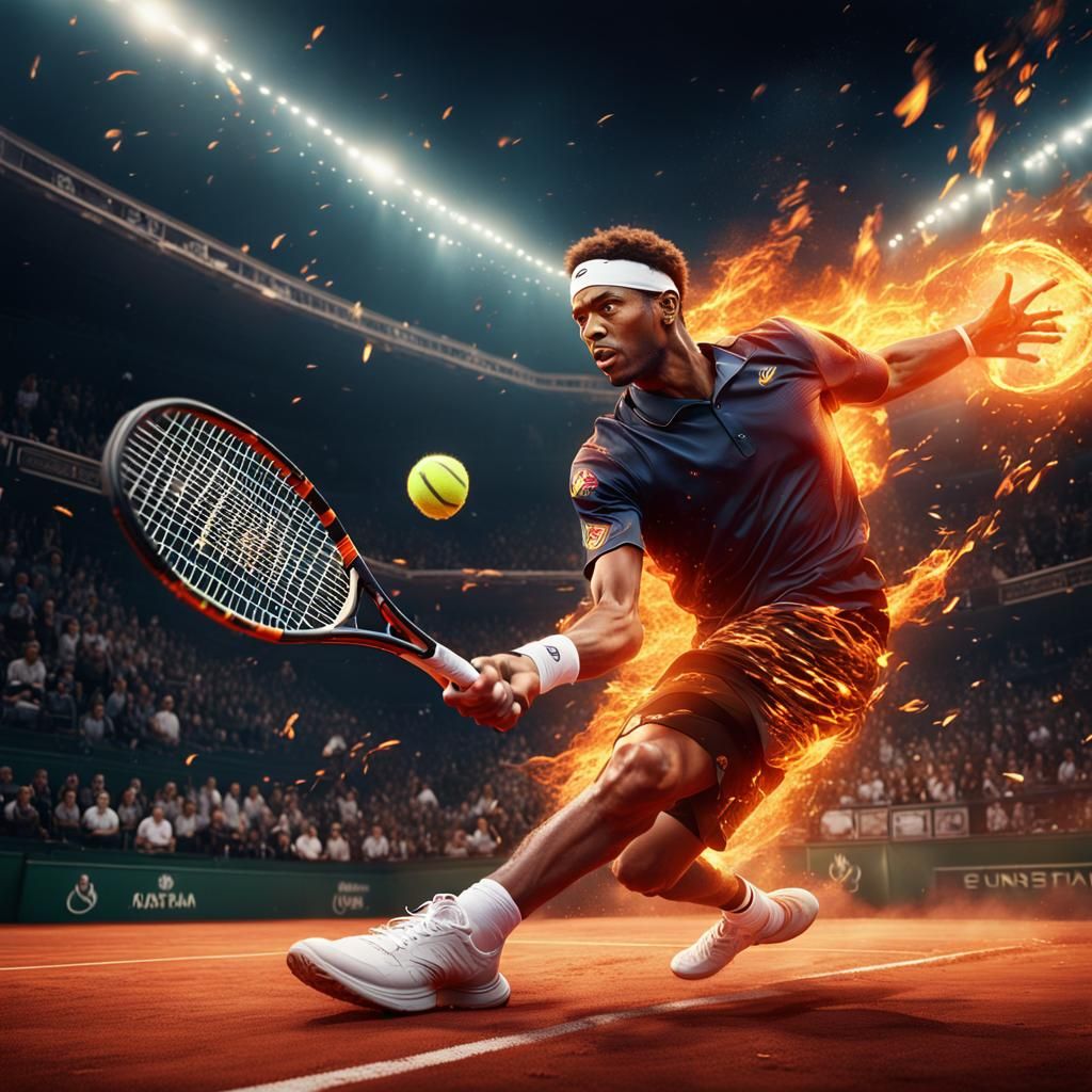 Tennis Player's Fiery Serve: Digital Art in 8K
