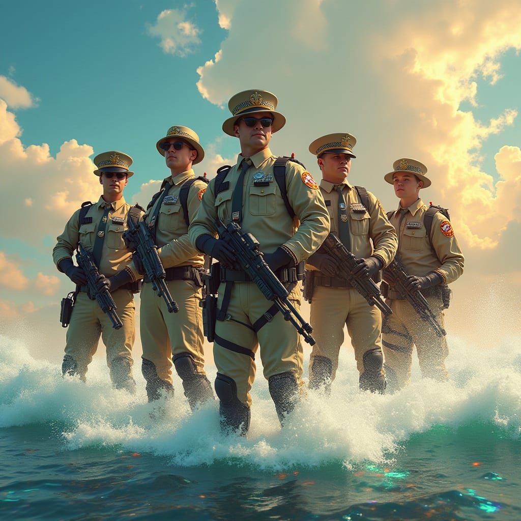 Heroic Steampunk Ghostbusters in Iridescent Seascape