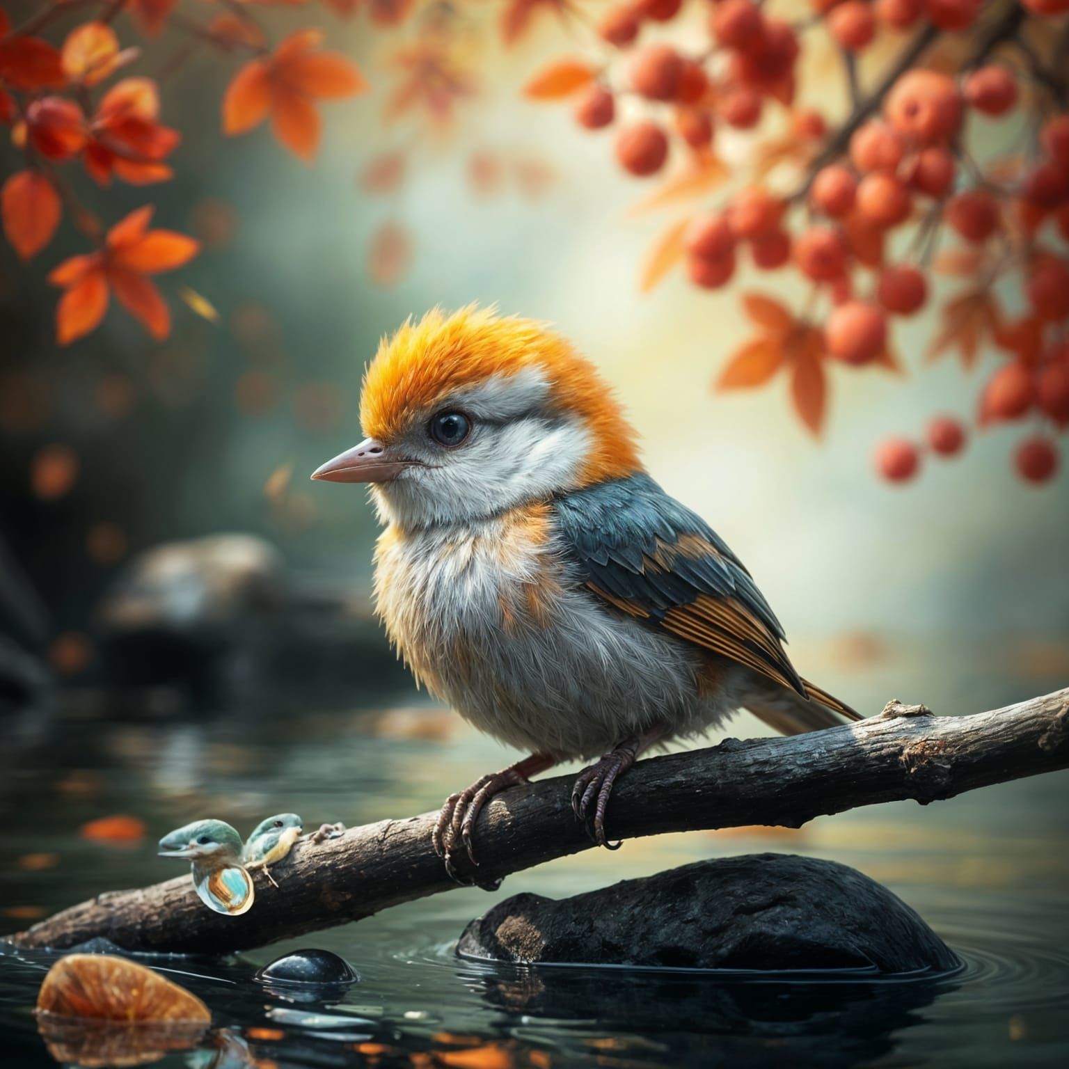 Cute Japanese Bird in Vibrant River Landscape