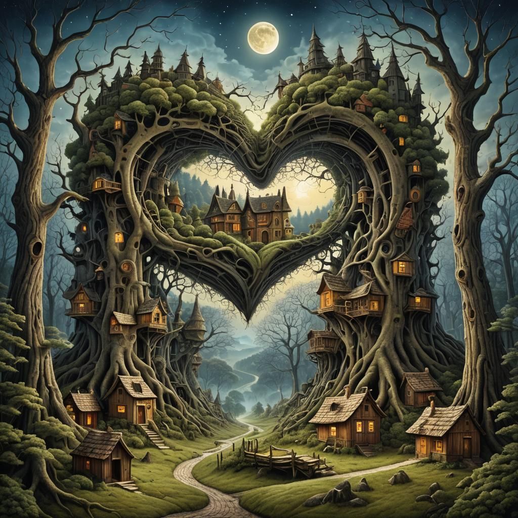 Surreal Moon Heart Forest Village Art