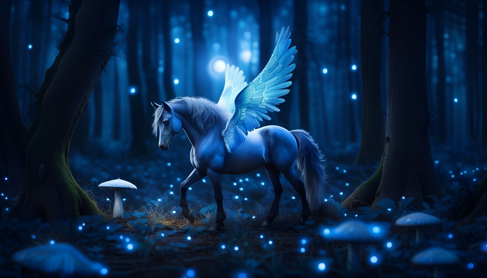 Blue Pegasus Under Moonlight: A Digital Painting